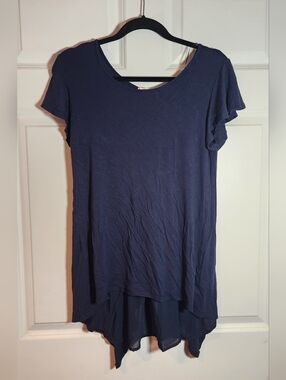 Pebble And Stone Navy Blue Ruffle Back Short Sleeve Tunic Top M